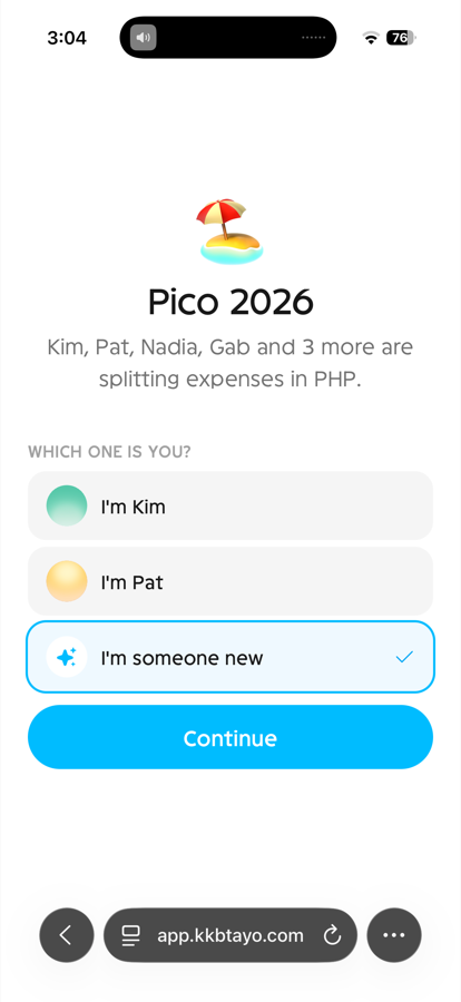 The join page for a group: a list of claimable names under the question which one is you, plus an I'm someone new option