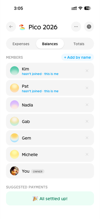 The members list: named friends who haven't joined yet, marked claimable, splitting expenses like full members