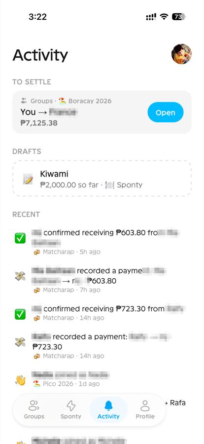 The activity feed with settlements, drafts, and confirmations — friends' names blurred