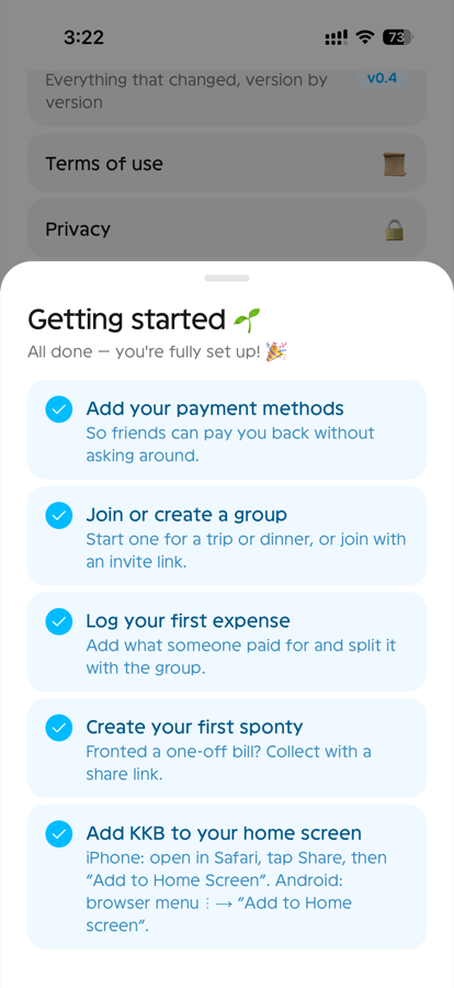 The getting-started checklist, fully completed: payment methods, first group, first expense, first sponty, add to home screen