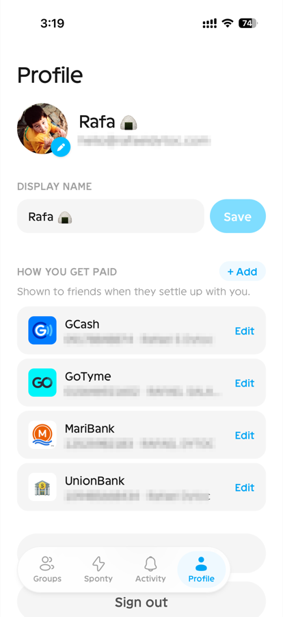 The profile page with saved payment methods — numbers and account names blurred