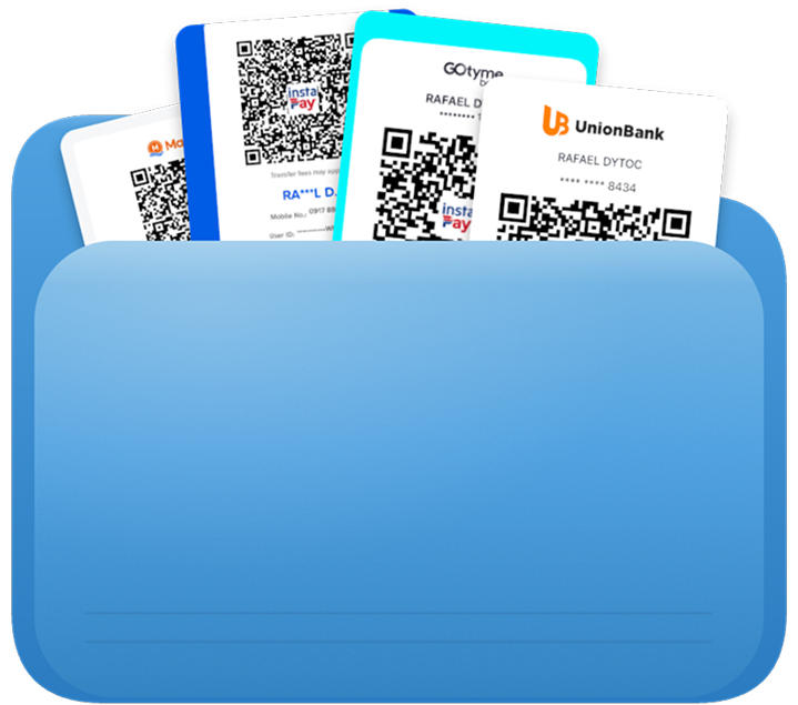 A folder stuffed with QR cards — Maya, InstaPay, GOtyme, UnionBank — sent as a reply