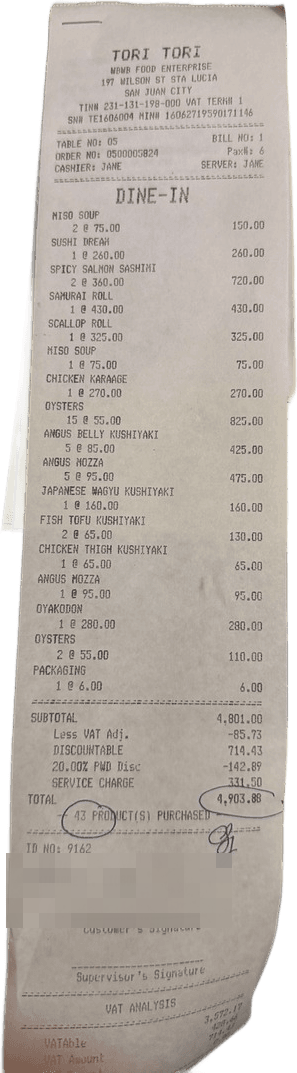 One of the nine benchmark receipts