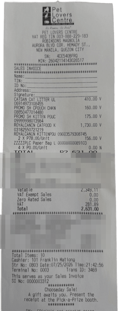 One of the nine benchmark receipts