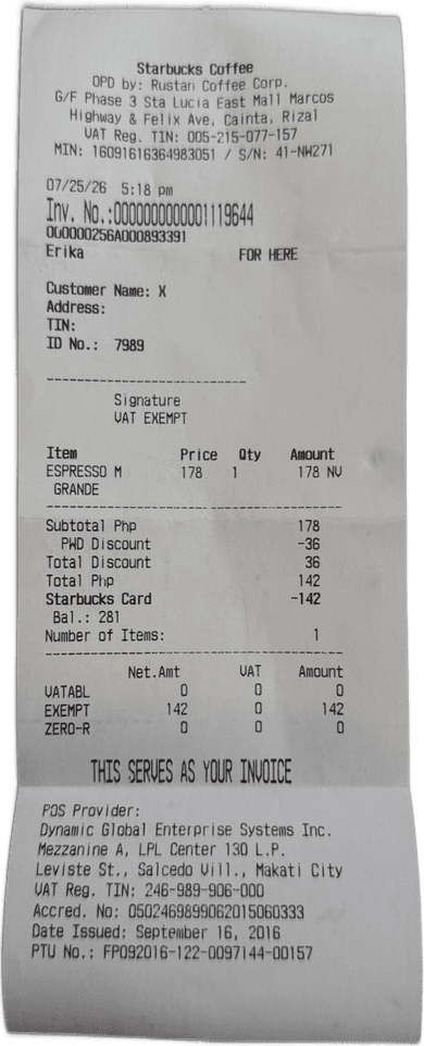 One of the nine benchmark receipts