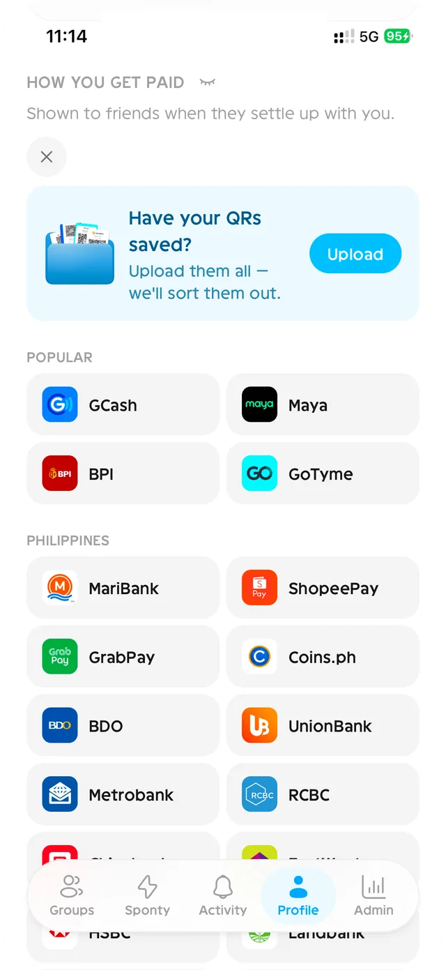 The payment method chooser: GCash, Maya, BPI, GoTyme and more with logos