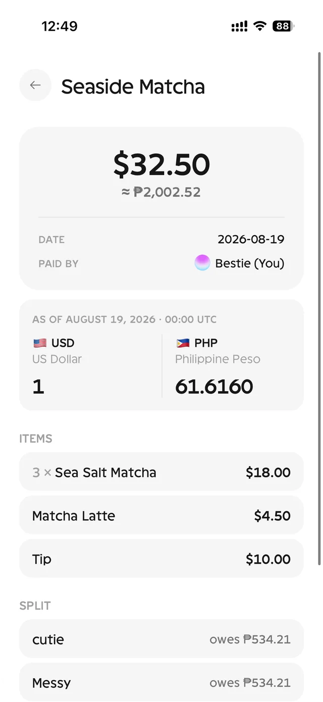 An expense in dollars with its peso conversion and the day's rate