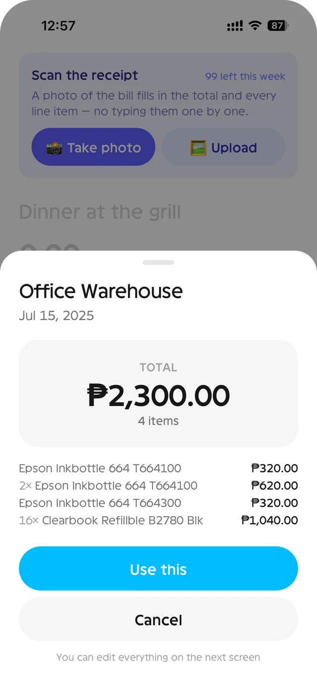 A scanned receipt's result: Office Warehouse, โฑ2,300, four items