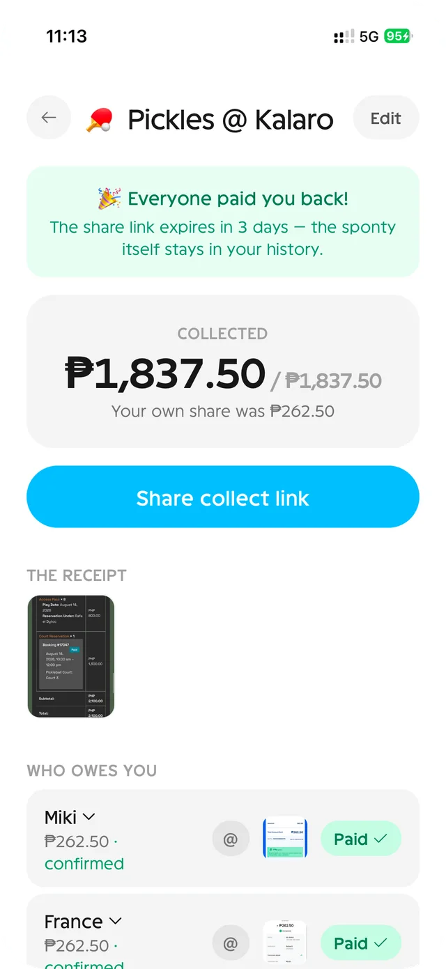 A sponty fully collected: everyone paid you back