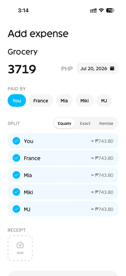 Adding an expense split equally: every member checked, each owing the same amount