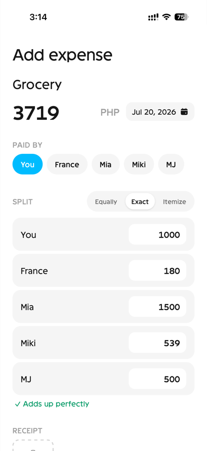 The same expense split by exact amounts, with a live check that everything adds up perfectly