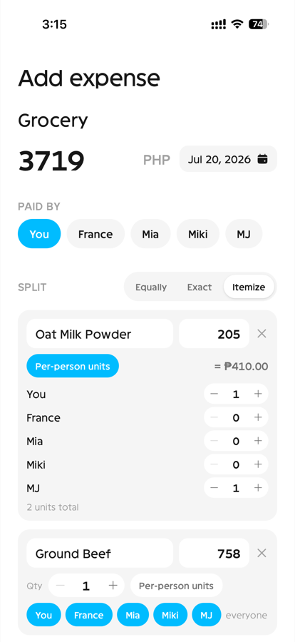 The same expense itemized: each line assigned per person with per-person units