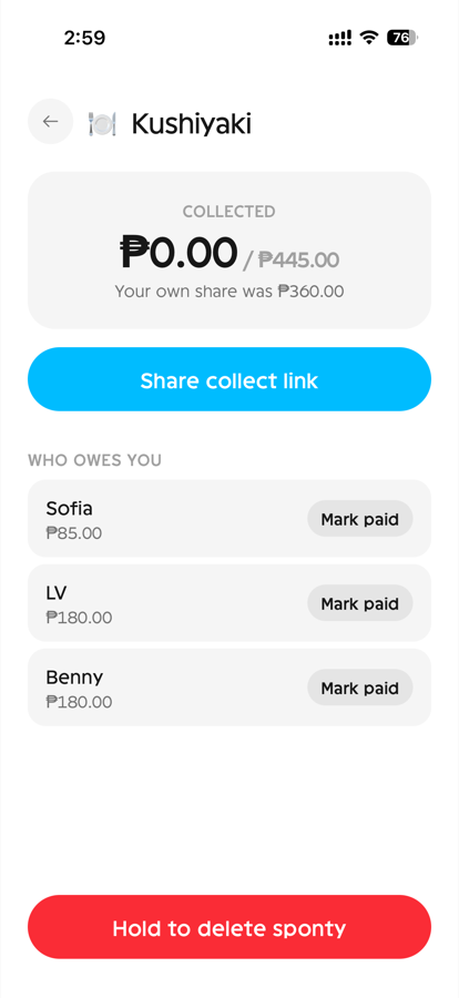 The collect view: total collected, a share link button, and who owes you with mark-paid actions