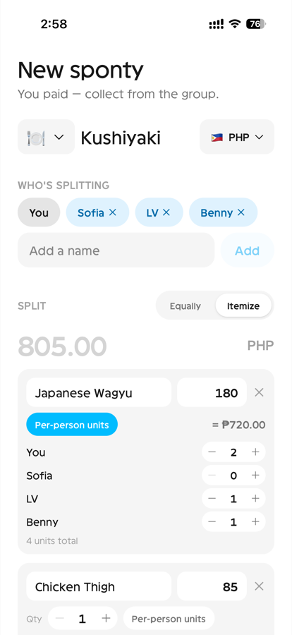 Creating a sponty: naming the bill, adding friends by name, itemizing dishes with per-person units
